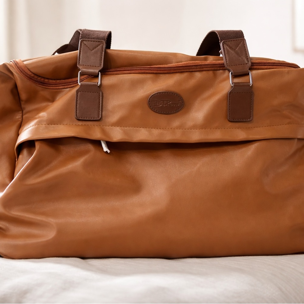 Brown Rolling Carry On Weekender Travel Bag Faux Leather Overnight Luggage